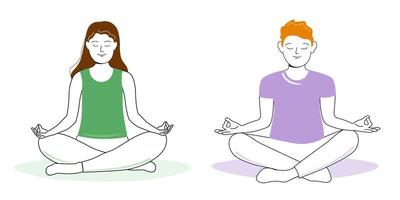 People are sitting in the lotus position. A man and a woman do yoga, meditate. Vector art line graphics.