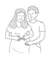 A happy couple is expecting a baby. A pregnant woman is hugged by her husband. Vector art line graphics.