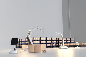 Robot arm Object for manufacturing industry technology Product export and import of future Robot cyber in the warehouse by hand mechanical Robot arm  future technology photo