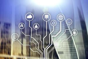 Telecommunication and IOT concept on blurred business center background. photo