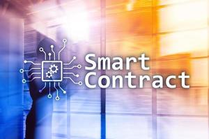 Smart contract, blockchain technology in business, finance hi-tech concept. Skyscrapers background. photo