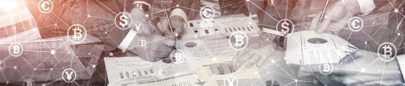 Double exposure Bitcoin and blockchain concept. Digital economy and currency trading. Website header banner. photo