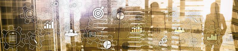 Business process abstract diagram with gears and icons. Workflow and automation technology concept. Website header banner. photo