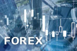 Forex trading, financial candle chart and graphs on blurred business center background. photo