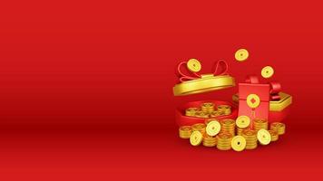Chinese New Year 3D Illustration With Ornament For Event Promotion Social Media Landing Page with red envelope and gift box coins for chinese new year celebration photo