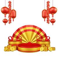 Chinese New Year 3D Illustration With Ornament For Event Promotion Social Media Landing Page chinese fan with rabbit and coins and asian paper lamps photo