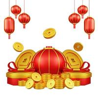 Chinese New Year 3D Illustration With Ornament For Event Promotion Social Media Landing Page gift box coins for chinese new year celebration photo