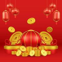 Chinese New Year 3D Illustration With Ornament For Event Promotion Social Media Landing Page gift box coins for chinese new year celebration photo