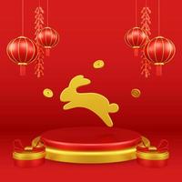 Chinese New Year 3D Illustration With Ornament For Event Promotion Social Media Landing Page with rabbit on the podium for chinese Decorations for the Chinese New Year photo