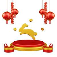 Chinese New Year 3D Illustration With Ornament For Event Promotion Social Media Landing Page with rabbit on the podium for chinese Decorations for the Chinese New Year photo