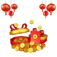 Chinese New Year 3D Illustration With Ornament For Event Promotion Social Media Landing Page with red envelope and gift box coins for chinese new year celebration photo