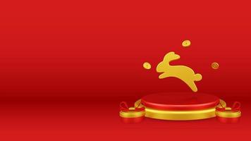 Chinese New Year 3D Illustration With Ornament For Event Promotion Social Media Landing Page with rabbit on the podium for chinese Decorations for the Chinese New Year photo