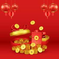 Chinese New Year 3D Illustration With Ornament For Event Promotion Social Media Landing Page with red envelope and gift box coins for chinese new year celebration photo