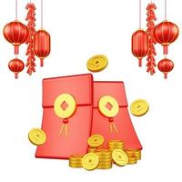 Chinese New Year 3D Illustration With Ornament For Event Promotion Social Media Landing Page with red envelope and coins for chinese new year celebration photo