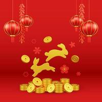 Chinese New Year 3D Illustration With Ornament For Event Promotion Social Media Landing Page rabbit with red lanterns and coins for chinese new year celebration for the Chinese New Year photo