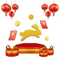 Chinese New Year 3D Illustration With Ornament For Event Promotion Social Media Landing Page with rabbit on the podium for chinese Decorations for the Chinese New Year photo