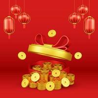 Chinese New Year 3D Illustration With Ornament For Event Promotion Social Media Landing Page gift box coins for chinese new year celebration photo