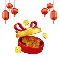 Chinese New Year 3D Illustration With Ornament For Event Promotion Social Media Landing Page gift box coins for chinese new year celebration photo