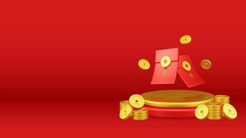 Chinese New Year 3D Illustration With Ornament For Event Promotion Social Media Landing Page lucky money with podium and red lanterns and coins for chinese new year celebration photo