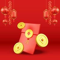 Chinese New Year 3D Illustration With Ornament For Event Promotion Social Media Landing Page with red envelope and coins for chinese new year celebration photo