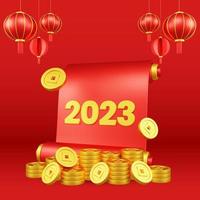 ilustración 3d del año nuevo chino con adornos para la promoción de eventos página de inicio de redes sociales linternas rojas con pergamino de papel y monedas lámparas de papel asiáticas foto