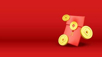 Chinese New Year 3D Illustration With Ornament For Event Promotion Social Media Landing Page with red envelope and coins for chinese new year celebration photo