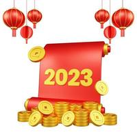 Chinese New Year 3D Illustration With Ornament For Event Promotion Social Media Landing Page red lanterns with paper scroll and coins asian paper lamps photo