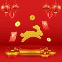 Chinese New Year 3D Illustration With Ornament For Event Promotion Social Media Landing Page with rabbit on the podium for chinese Decorations for the Chinese New Year photo