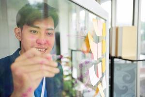 Young Creative businessman holding a marker and writing plan and share idea on glass wall with sticky note, Brainstorming and discussing and formulating, business strategies in tech startup office. photo