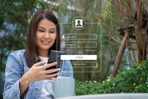 Woman using smartphones to type user and passwords for login financial applications,  identification information security, and encryption, Concept of Cyber security for internet access photo