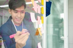 Young Creative businessman holding a marker and writing plan and share idea on glass wall with sticky note, Brainstorming and discussing and formulating, business strategies in tech startup office. photo