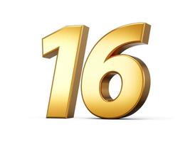 Golden metallic Number 16 Sixteen, White background 3d illustration photo