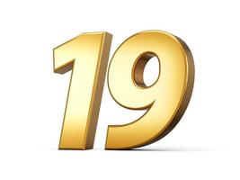 Golden metallic Number 19 Nineteen, White background 3d illustration photo