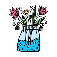 Flowers in a vase vector icon. Hand drawn simple doodle isolated on white. Wildflowers in a glass jar with water. Meadow and garden herbs, pink tulips, daisies. Cartoon clipart for cards, stickers