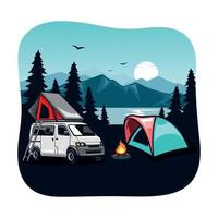 camping and camper van concept art. Flat style illustration of beautiful landscape, lake, mountains, forest, tent, and a campfire. Design for banner, poster, website, emblem, logo and others. vector