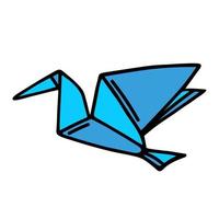 Origami blue crane vector icon. Folded paper in the shape of a bird. Hand drawn simple doodle isolated on white. Traditional Japanese needlework, hobby. Cartoon clipart with outline. For cards, prints