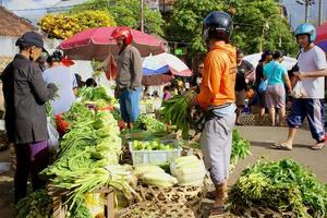 Badung Bali January 13 2023 A buyer is seen buying fresh fruit and vegetables at a traditional market in Bali photo