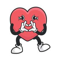 Cute heart retro mascot vector illustration with funny face. Vintage style cartoon character for valentines day cards and gifts.