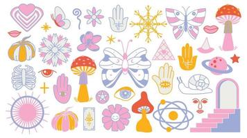 Magic background groovy in retro trend style with clipart elements. mystical vector isolated pattern. editable stroke clipart stickers. Esoteric element witchcraft. Collection of occult symbols y2k