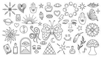 Magic background in retro style with hand drawn elements. Decorative mystical vector isolated pattern. editable stroke stickers. Esoteric element in minimalism. Collection of occult symbols tattoo art