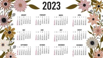 Calendar 2023 with 12 months. Sunday week start annual calendar. Single page calendar template with hand drawn boho plants and flowers. vector illustration