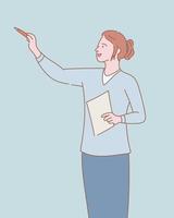 woman teaching something with book on hand with outline or line and clean simple people style vector
