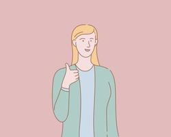 happy woman with ok thumb with outline or line and clean simple people style vector