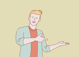 man presenting something with full smile and joyfull with outline or line and clean simple people style vector