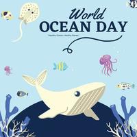 Blue World Ocean Day 8 June. Large white whale and fish were swimming underwater and seaweed background vector illustration.