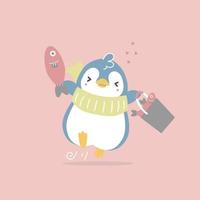 lindo y encantador pingüino dibujado a mano sosteniendo peces con corazón, feliz día de san valentín, concepto de amor, diseño de vestuario de personaje de dibujos animados de ilustración vectorial plana vector