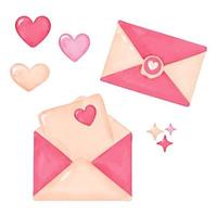 Valentine's Day Vector Set. Pink set of objects for Valentine's Day design for cards, banners or posters in watercolor style. Mailing envelope, letter in envelope and hearts.