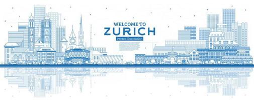 Outline Welcome to Zurich Switzerland Skyline with Blue Buildings and Reflections. vector