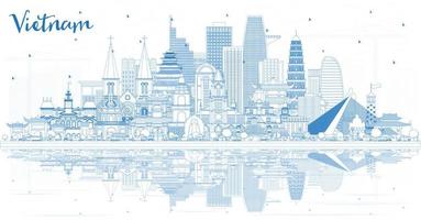 Outline Vietnam City Skyline with Blue Buildings and Reflections. vector