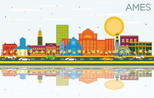 Ames Iowa City Skyline with Color Buildings, Blue Sky and Reflections.